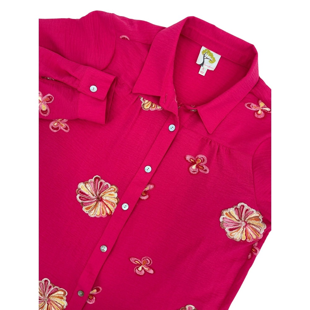 Anthropologie Fig and‎ Flower Magenta Pink Floral Butterfly Embroidered Shirt S